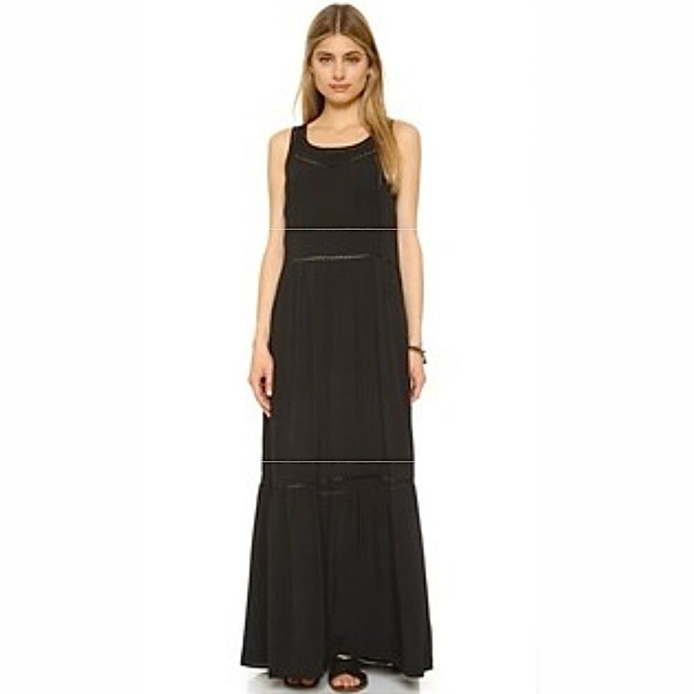 Scotch & Soda Paradise Cove Black Maxi Dress with Open Crochet Lace Trim, Size 6